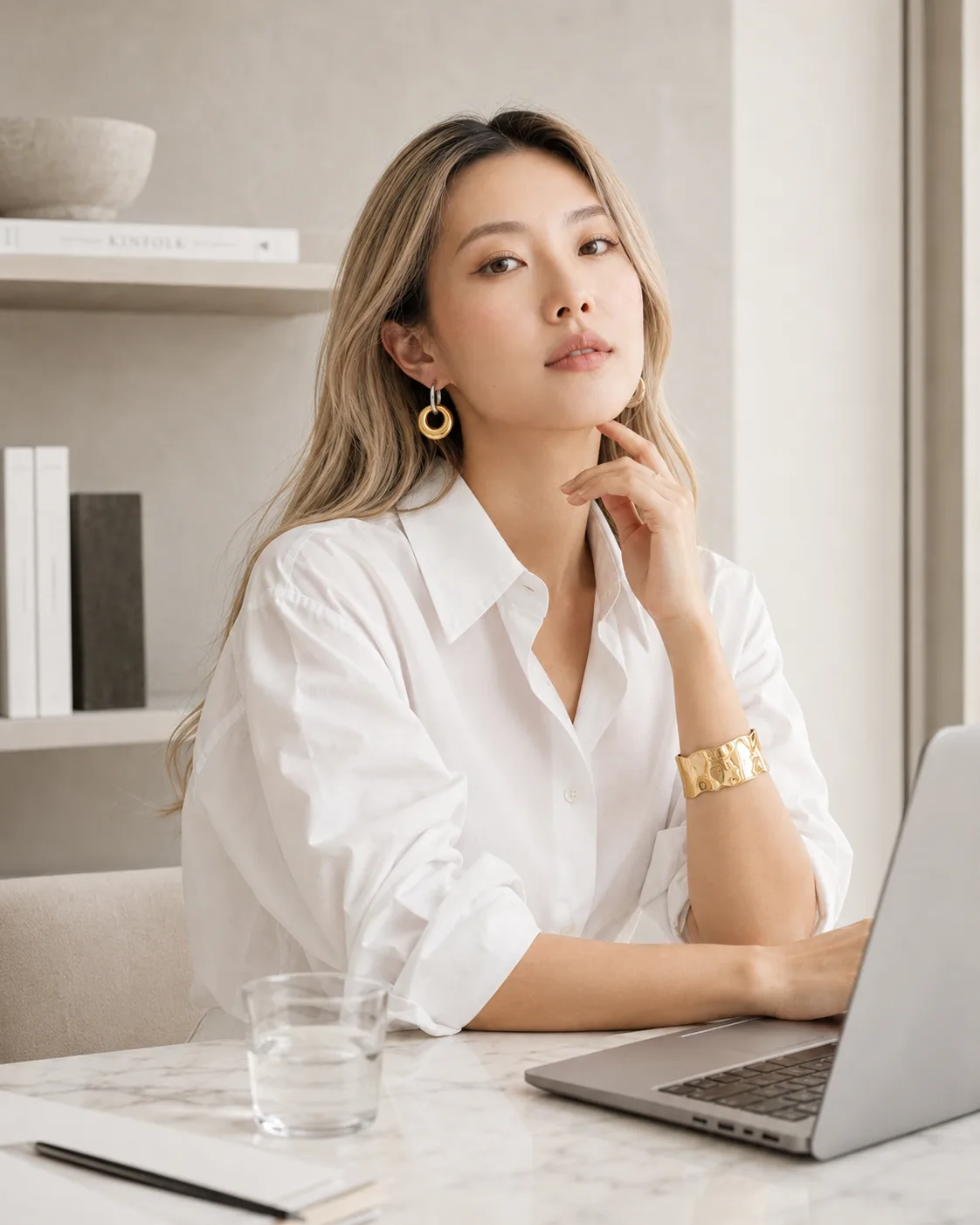 A gold cuff styled with the rolled sleeve of a white shirt