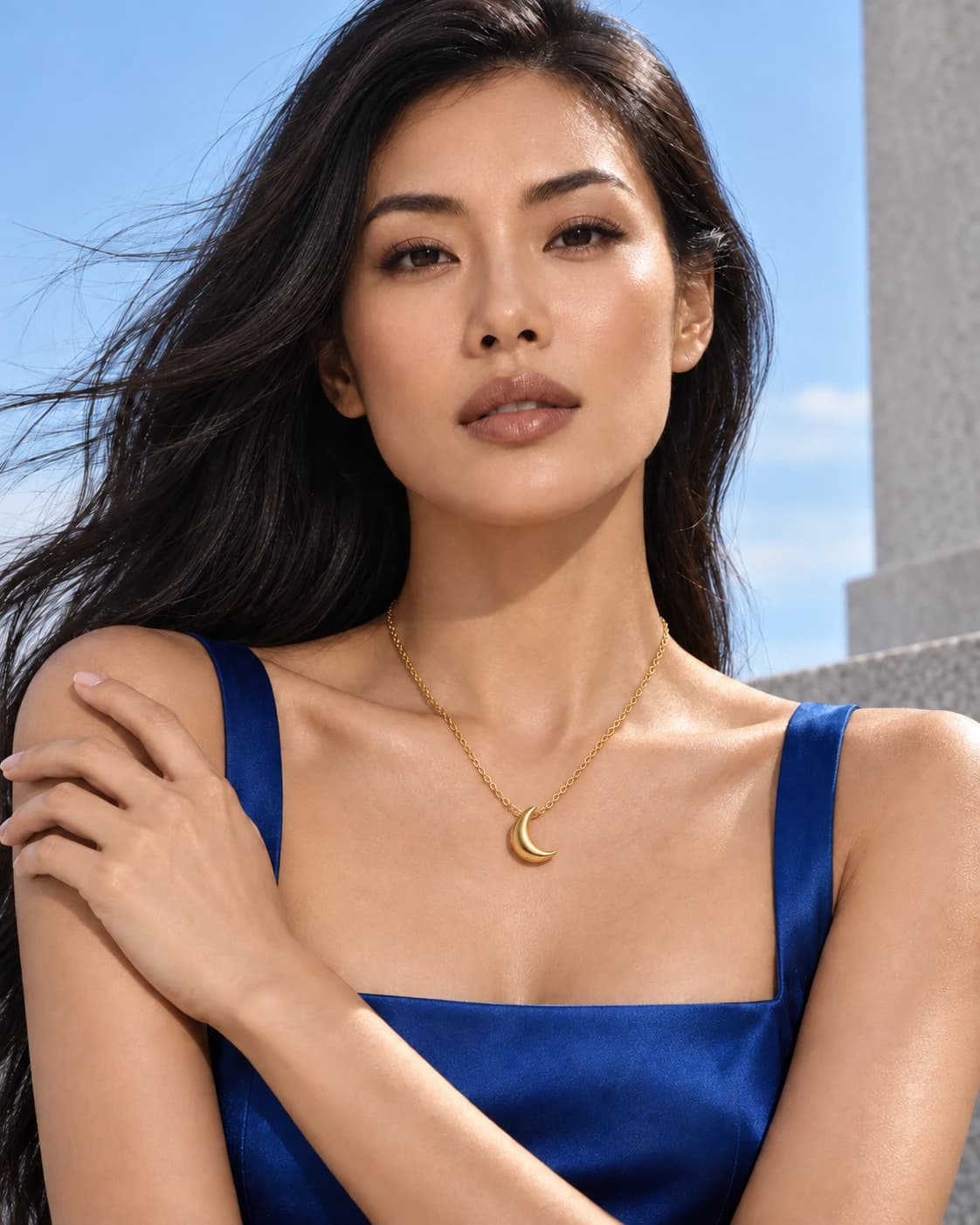 Direct-gaze portrait in cobalt satin with a gold crescent necklace against open sky — AI styling preview